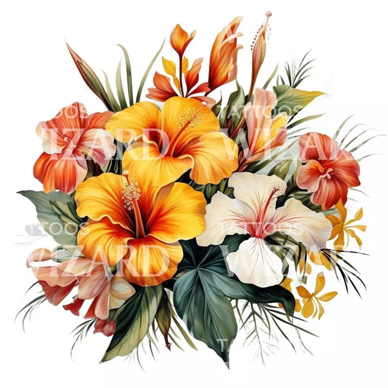 orange-tropical-bouquet-tattoo-design Orange Tropical Bouquet Tattoo Design
