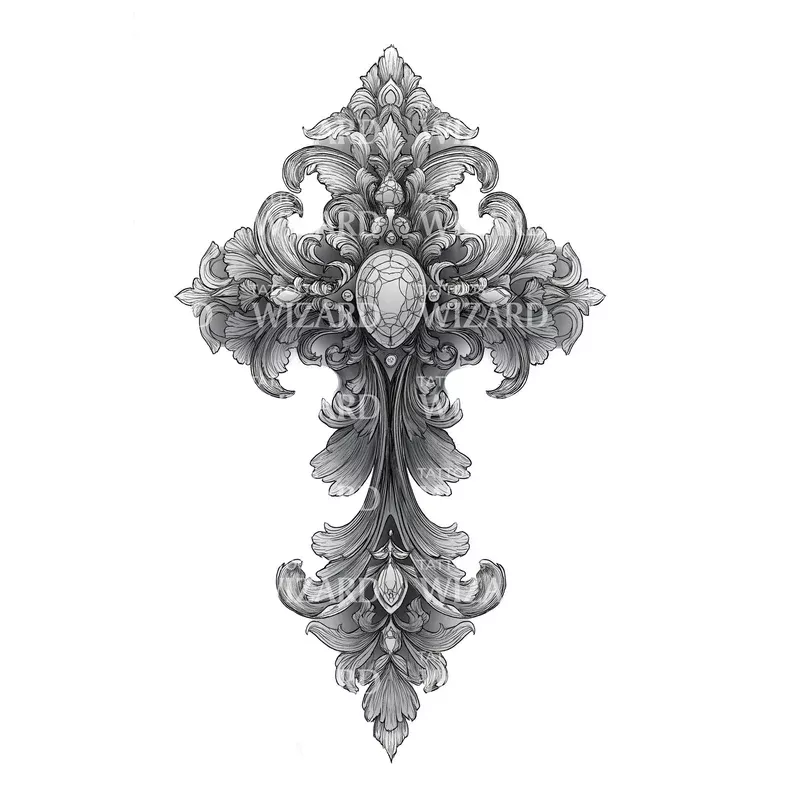 Ornate Stonework Cross Tattoo Design