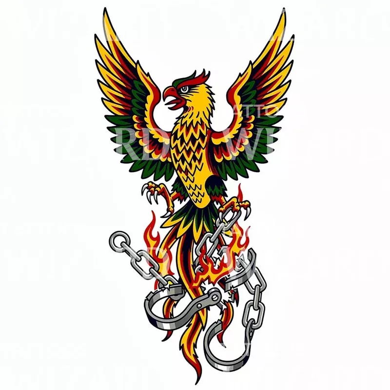phoenix-rising-chains-tattoo-design Phoenix Rising Chains Tattoo Design