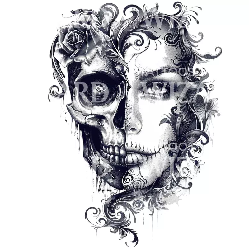 portrait-woman-half-skull-tattoo-design Portrait of a Woman Half Skull Tattoo Design