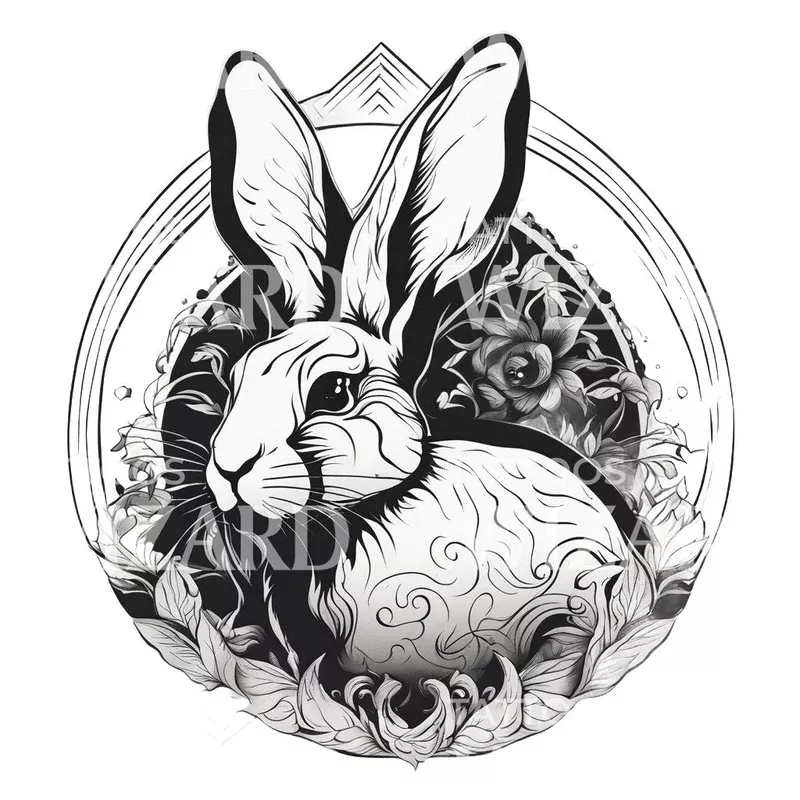 rabbit-floral-circle-tattoo-design Rabbit Floral Circle Tattoo Design
