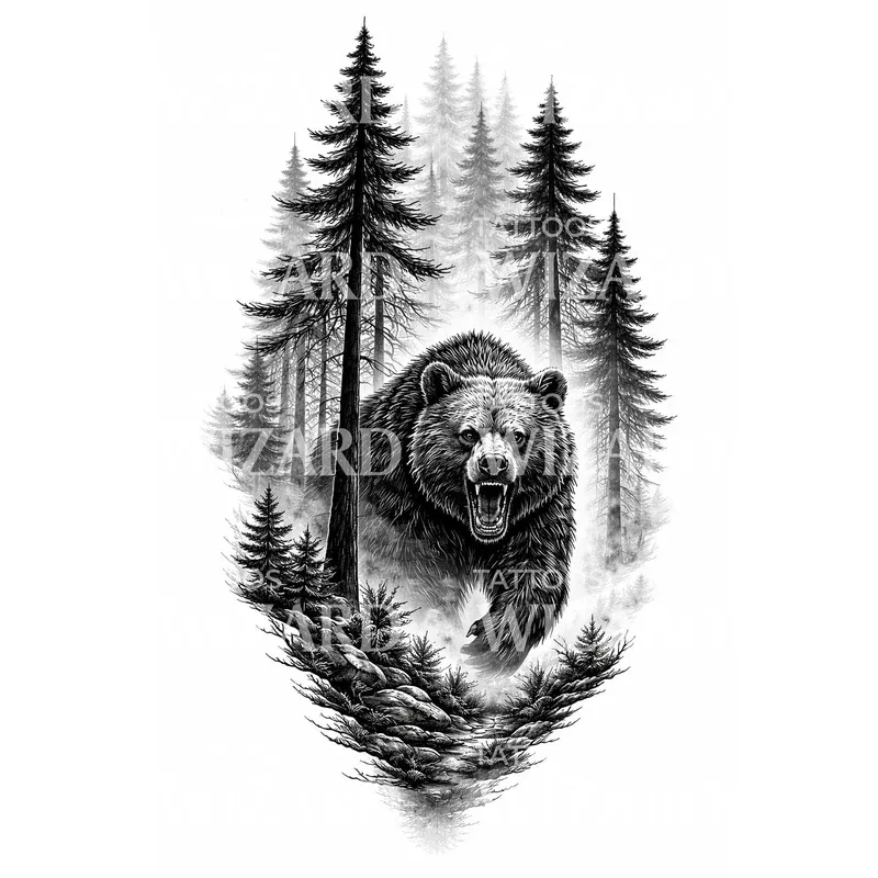 roaring-forest-bear-tattoo-design Roaring Forest Bear Tattoo Design