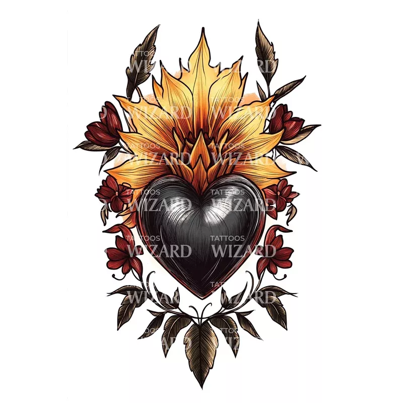 rose-wrapped-flaming-heart-tattoo-design Rose Wrapped Flaming Heart Tattoo Design