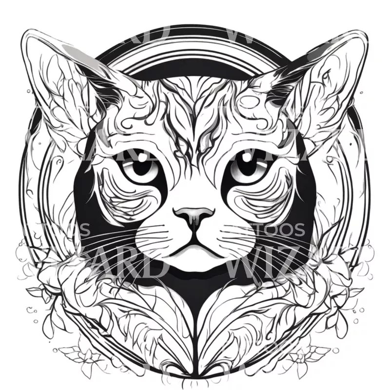 scottish-fold-cat-head-with-patterns-circle-tattoo-design Scottish Fold Cat Head with Patterns Circle Tattoo Design