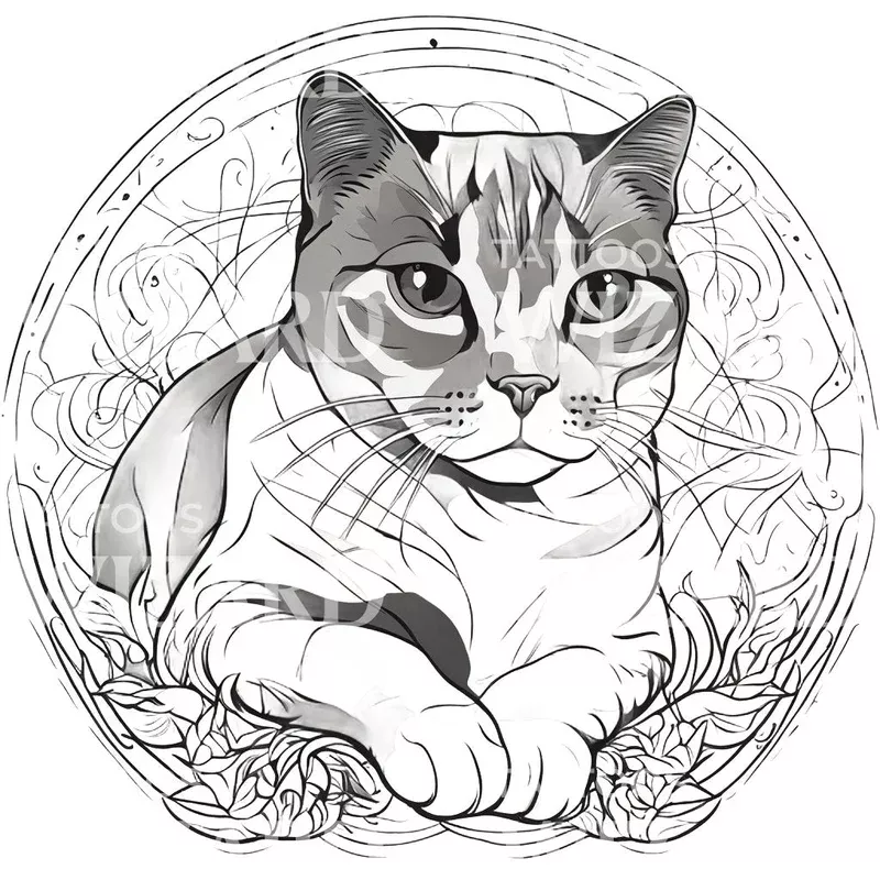 scottish-fold-cat-with-floral-patterns-circle-tattoo-design Scottish Fold Cat with Floral Patterns Circle Tattoo Design