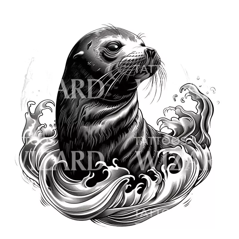 seal-waves-portrait-tattoo-design Seal and Waves Portrait Tattoo Design