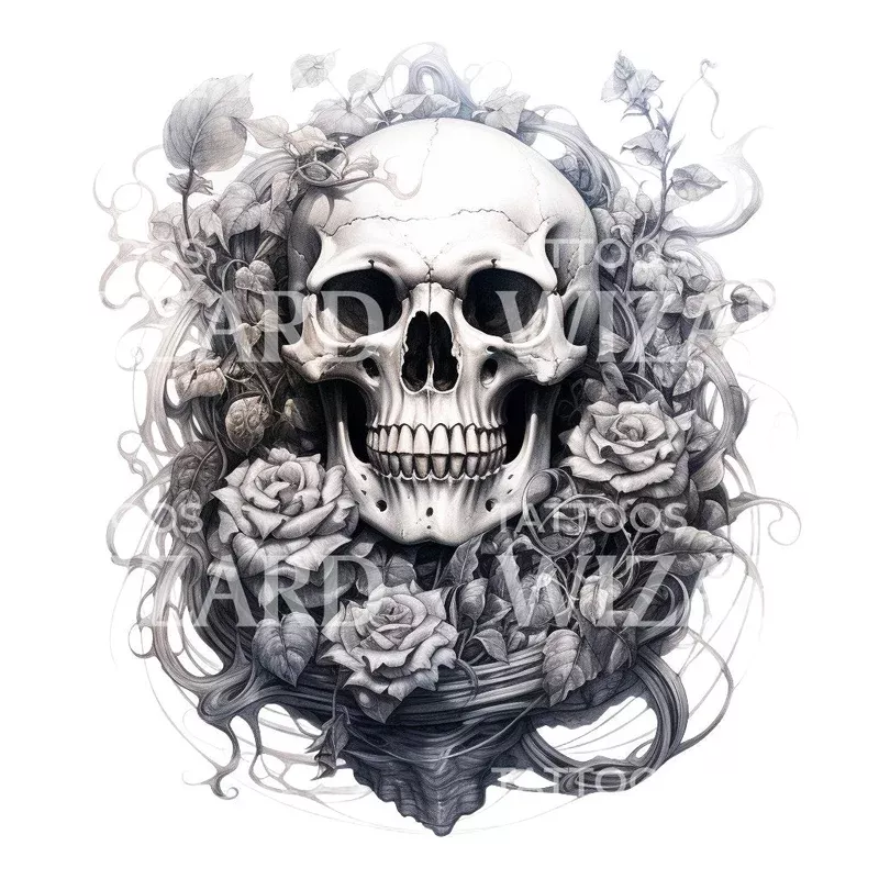 skull-roses-black-grey-tattoo-design Skull and Roses Black and Grey Tattoo Design