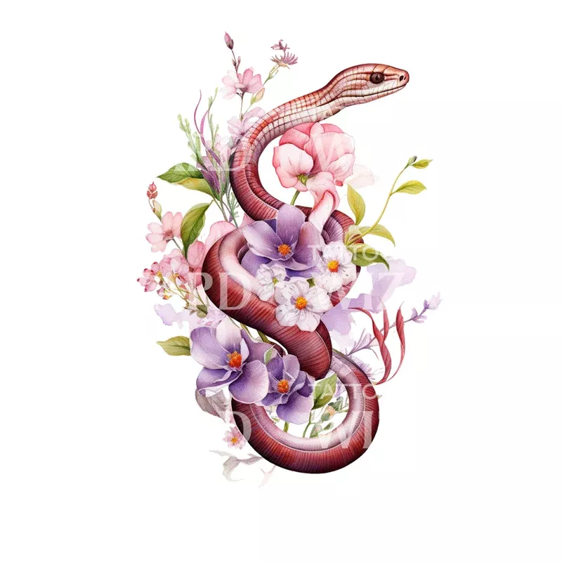 Snake with Flowers Tattoo Design