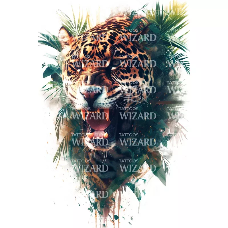 snarling-jaguar-composition-tattoo-design Snarling Jaguar Composition Tattoo Design