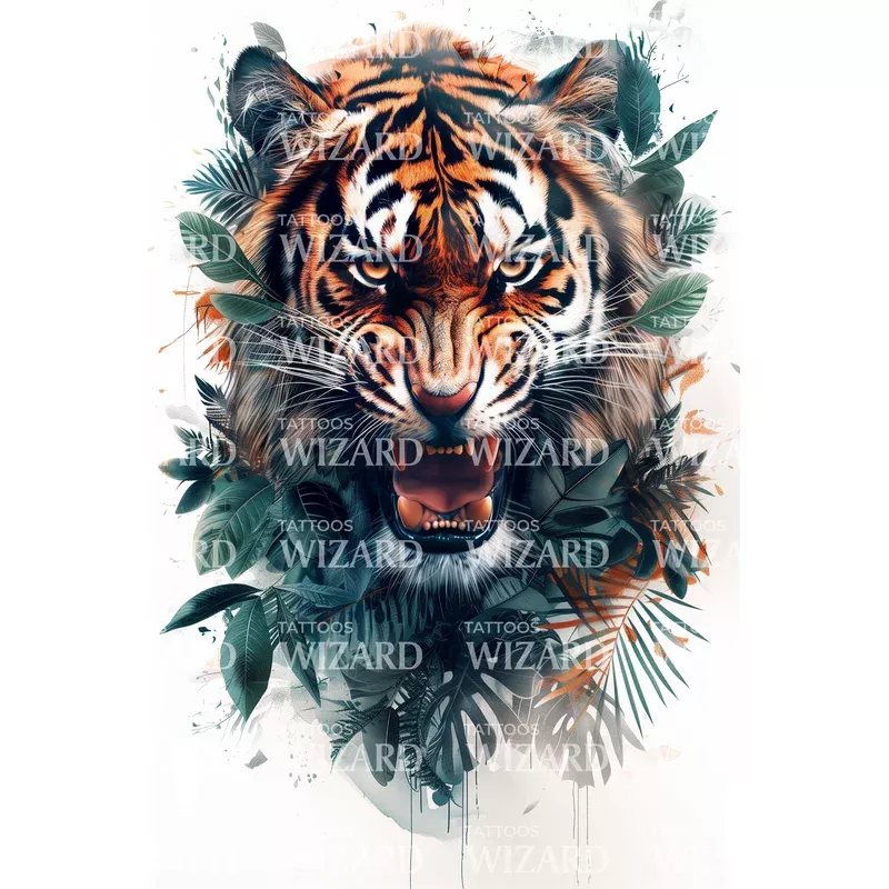 Snarling Tiger Composition Tattoo Design