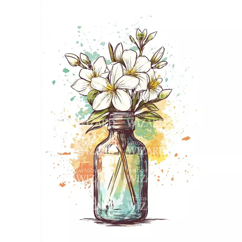 splash-ink-jasmine-bottle-tattoo-idea Splash Ink Jasmine Bottle Tattoo Idea