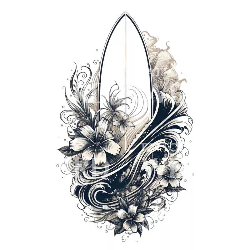 surf-board-waves-tattoo-design Surf Board and Waves Tattoo Design