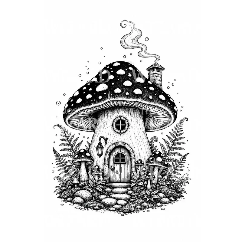 toadstool-mushroom-cottage-tattoo-design Toadstool Mushroom Cottage Tattoo Design