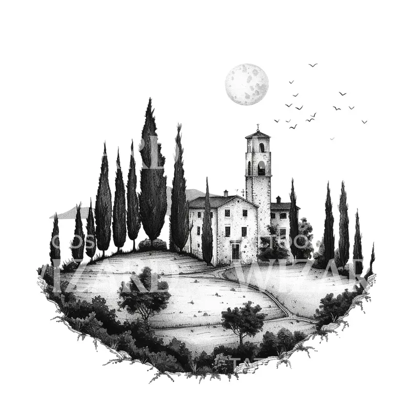 tuscany-landscape-dotwork-tattoo-design Tuscany Landscape Dotwork Tattoo Design