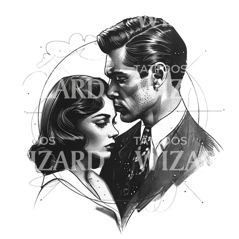 vintage-couple-dotwork-tattoo-design Vintage Couple Dotwork Tattoo Design