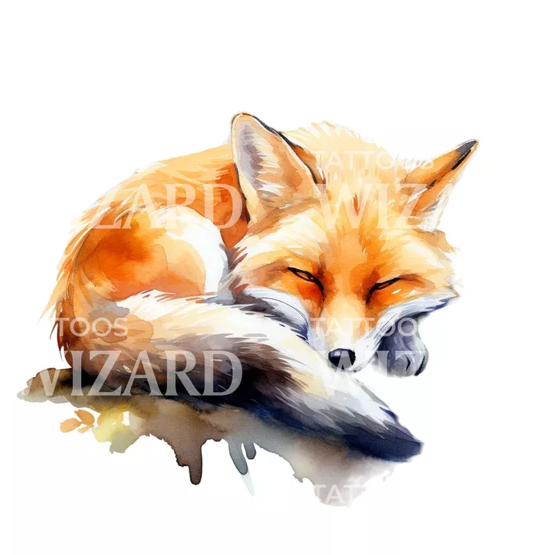 watercolor-sleeping-fox-tattoo-design Watercolor Sleeping Fox Tattoo Design