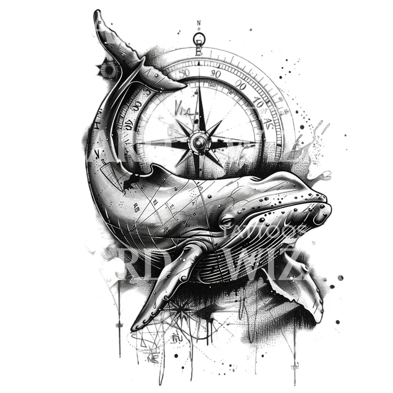 whale-compass-tattoo-design Whale and Compass Tattoo Design