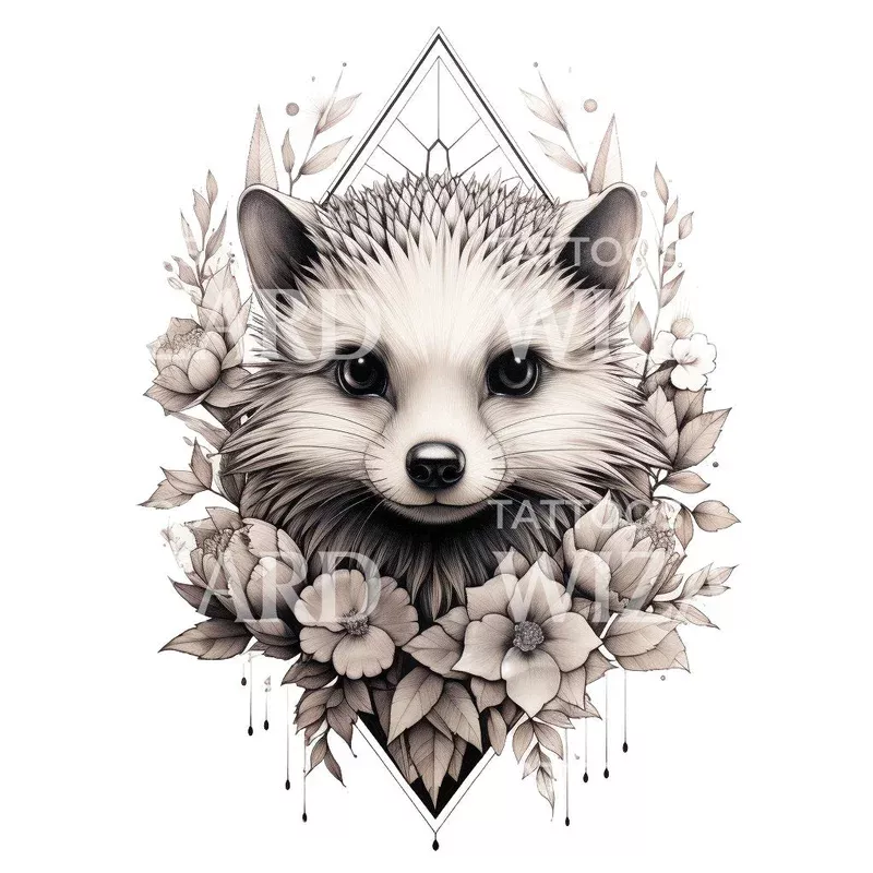 Whimsical Hedgehog with Wildflowers Tattoo Design