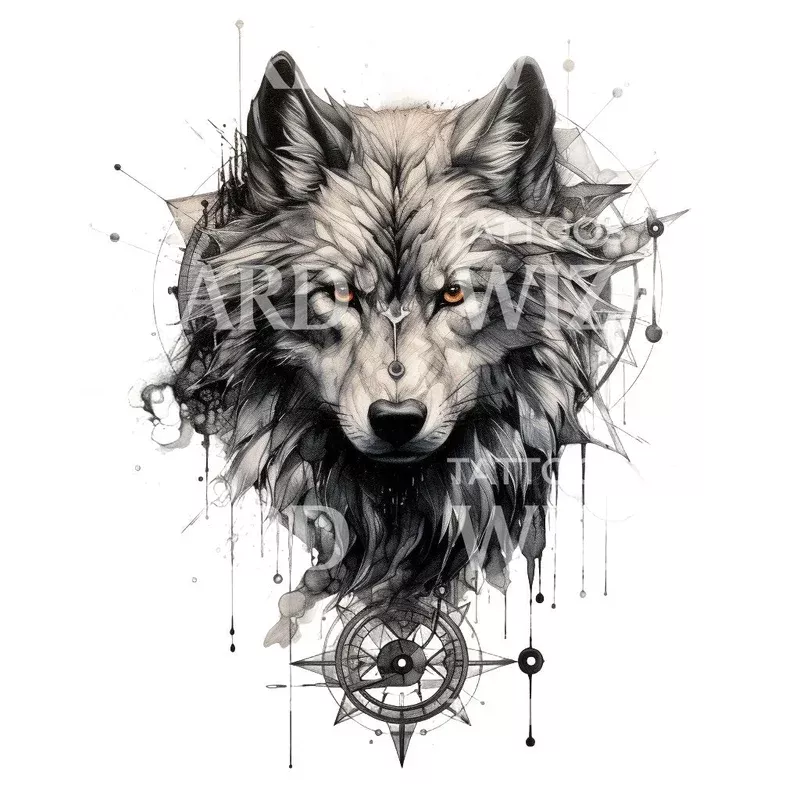 wild-wolf-compass-tattoo-design Wild Wolf and Compass Tattoo Design