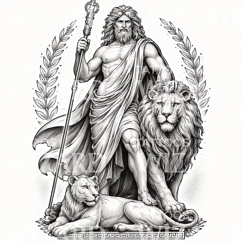 zeus-with-lions-tattoo-design Zeus with Lions Tattoo Design